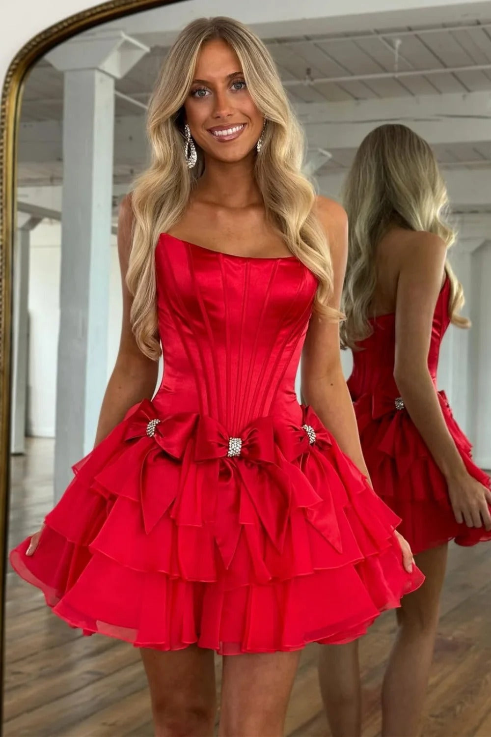 Strapless Rhinestone Satin Bows Boned Corset Tiered Ruffle A-Line Homecoming Dress Mini