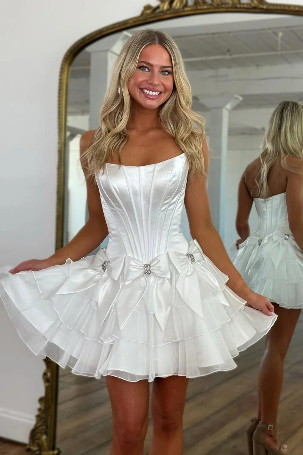 Strapless Rhinestone Satin Bows Boned Corset Tiered Ruffle A-Line Homecoming Dress Mini