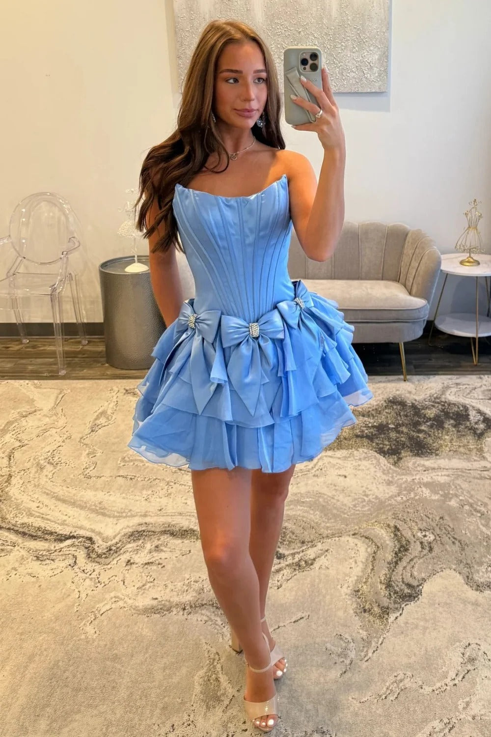 Strapless Rhinestone Satin Bows Boned Corset Tiered Ruffle A-Line Homecoming Dress Mini