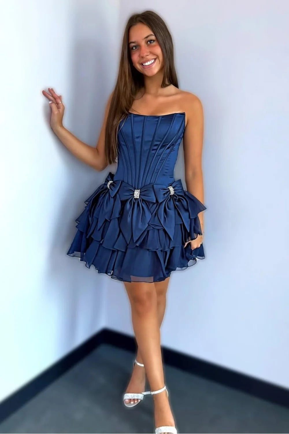 Strapless Rhinestone Satin Bows Boned Corset Tiered Ruffle A-Line Homecoming Dress Mini