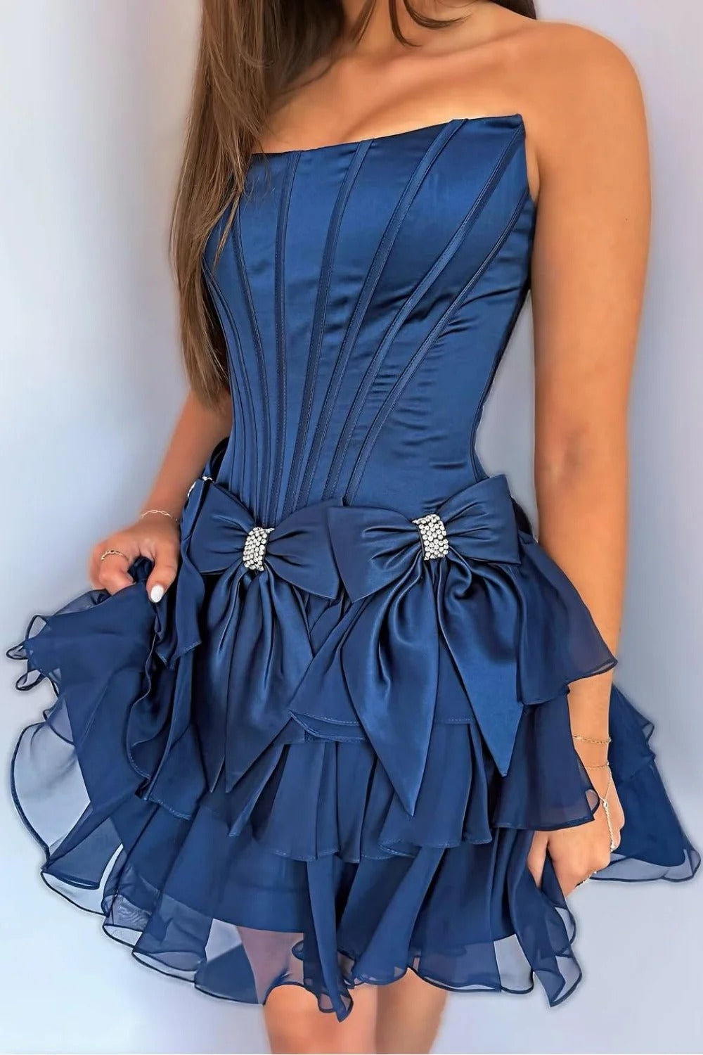 Strapless Rhinestone Satin Bows Boned Corset Tiered Ruffle A-Line Homecoming Dress Mini