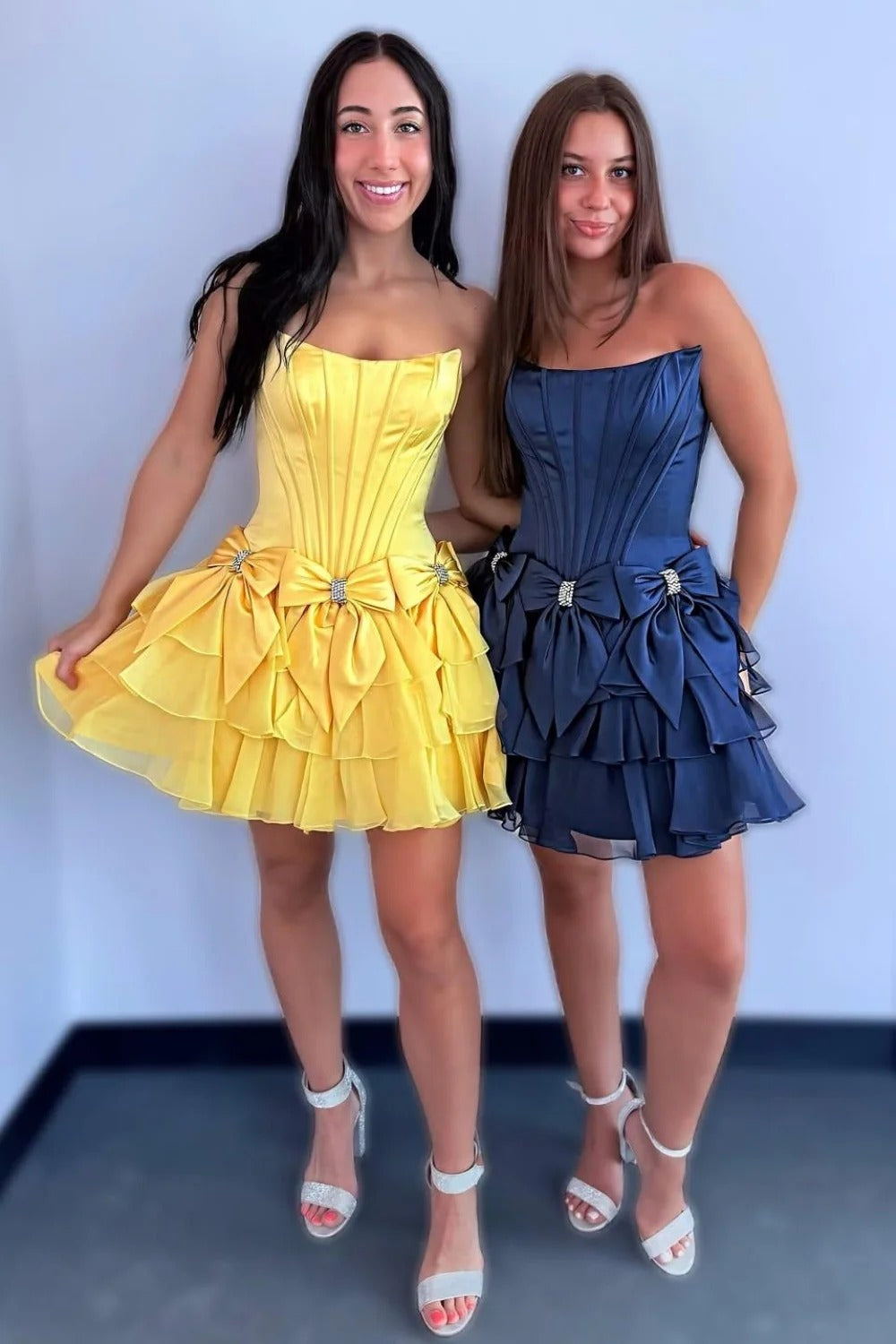 Strapless Rhinestone Satin Bows Boned Corset Tiered Ruffle A-Line Homecoming Dress Mini