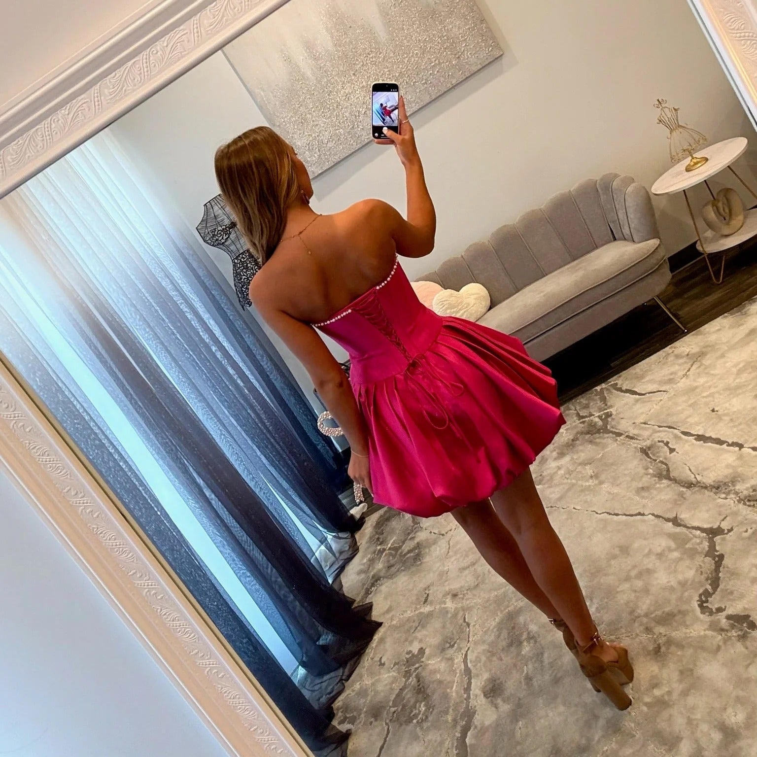Strapless Rhinestone Trim Boned Corset 3D Rose Applique Satin Bubble A-Line Homecoming Dress Mini