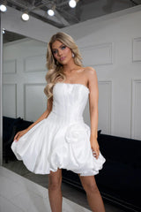 Strapless Rhinestone Trim Boned Corset 3D Rose Applique Satin Bubble A-Line Homecoming Dress Mini