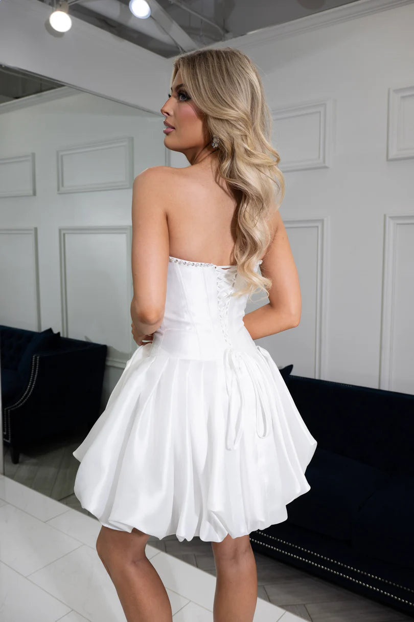 Strapless Rhinestone Trim Boned Corset 3D Rose Applique Satin Bubble A-Line Homecoming Dress Mini