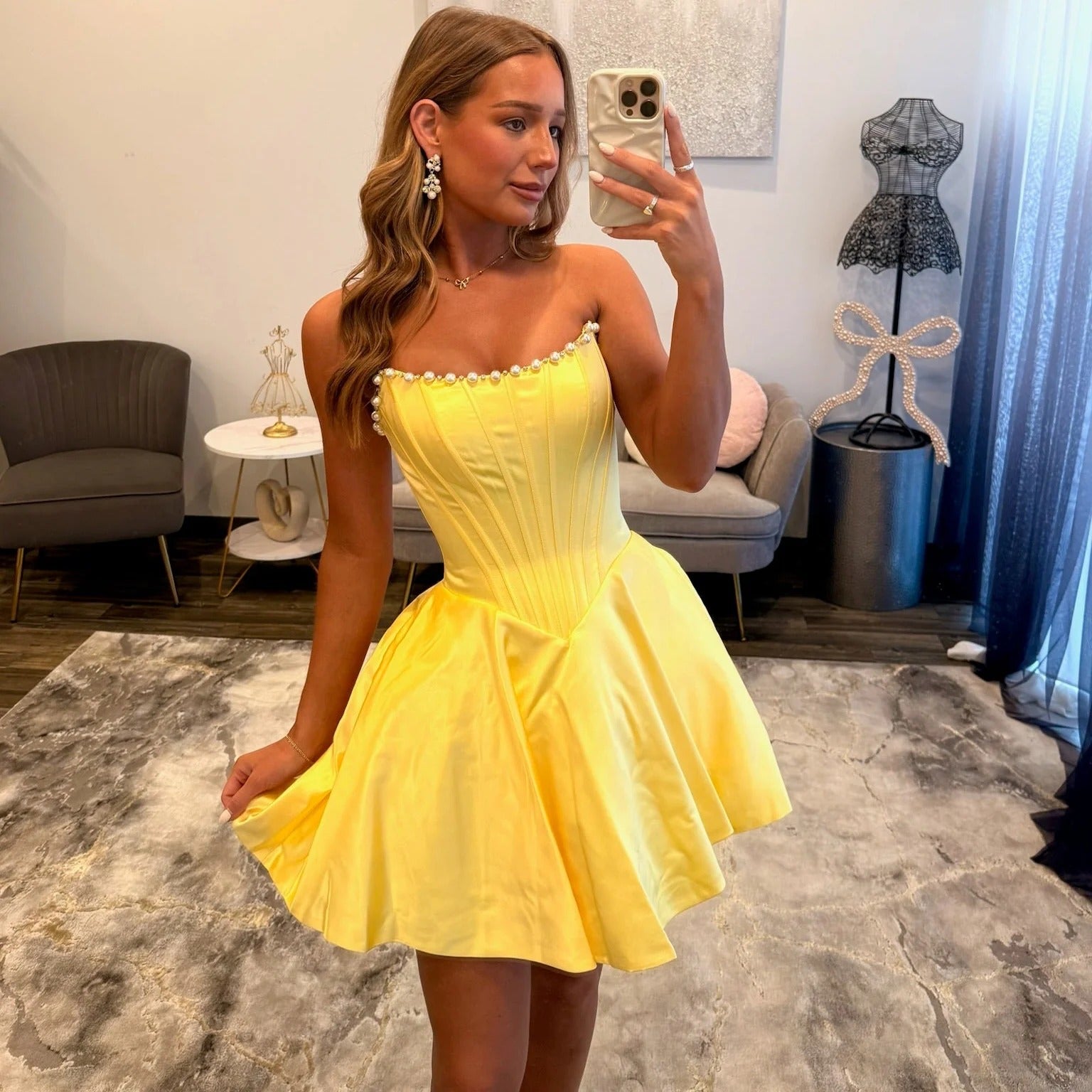 Strapless Rhinestone Trim Boned Corset Satin Oversized Bow Pleated Fit & Flare A-Line Homecoming Dress Mini