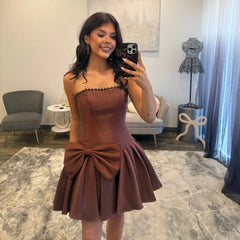 Strapless Rhinestone Trim Boned Corset Satin Oversized Bow Pleated Fit & Flare A-Line Homecoming Dress Mini