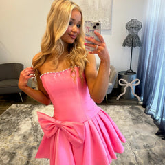 Strapless Rhinestone Trim Boned Corset Satin Oversized Bow Pleated Fit & Flare A-Line Homecoming Dress Mini