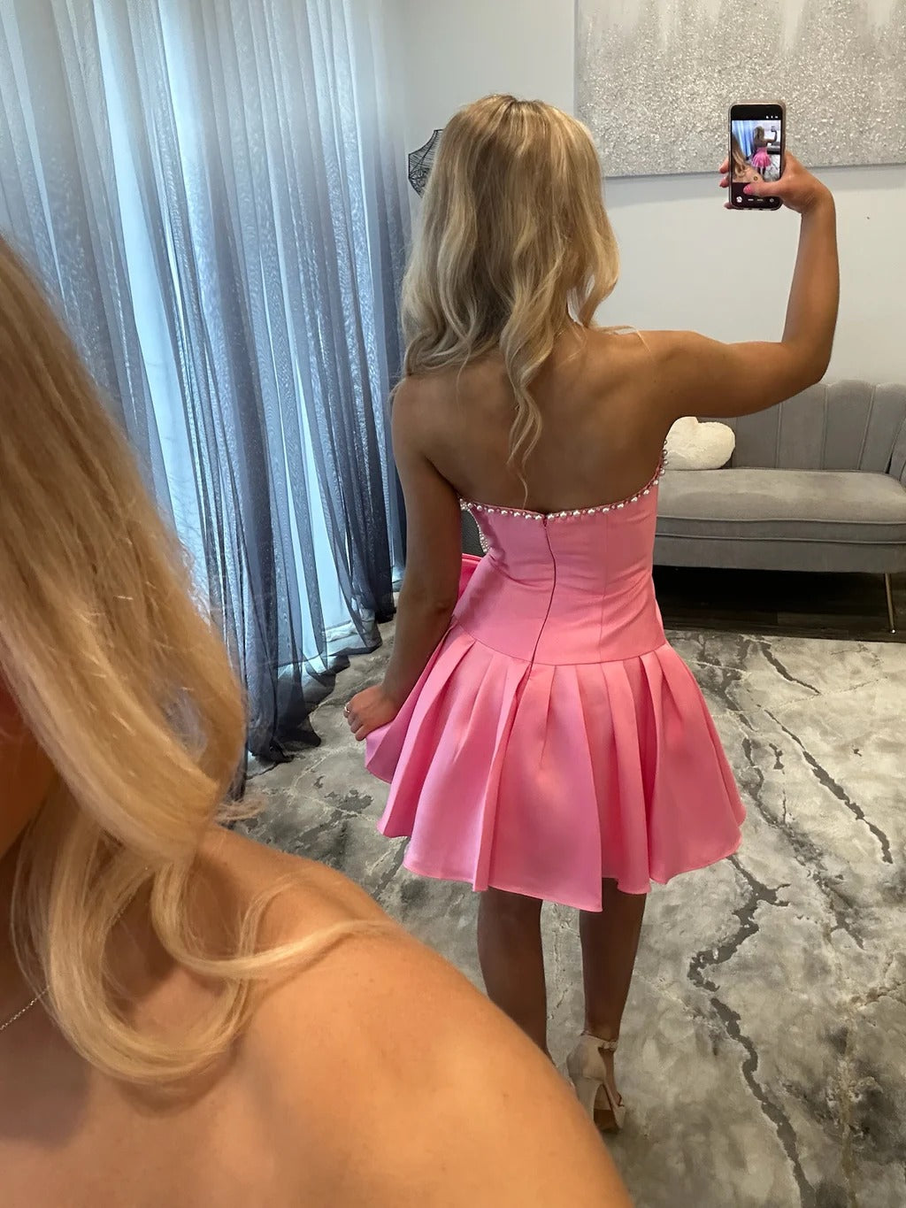 Strapless Rhinestone Trim Boned Corset Satin Oversized Bow Pleated Fit & Flare A-Line Homecoming Dress Mini