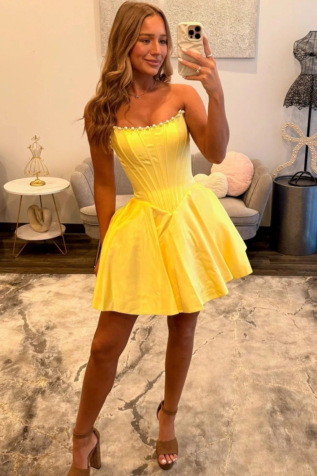 Strapless Rhinestone Trim Boned Corset Satin Oversized Bow Pleated Fit & Flare A-Line Homecoming Dress Mini