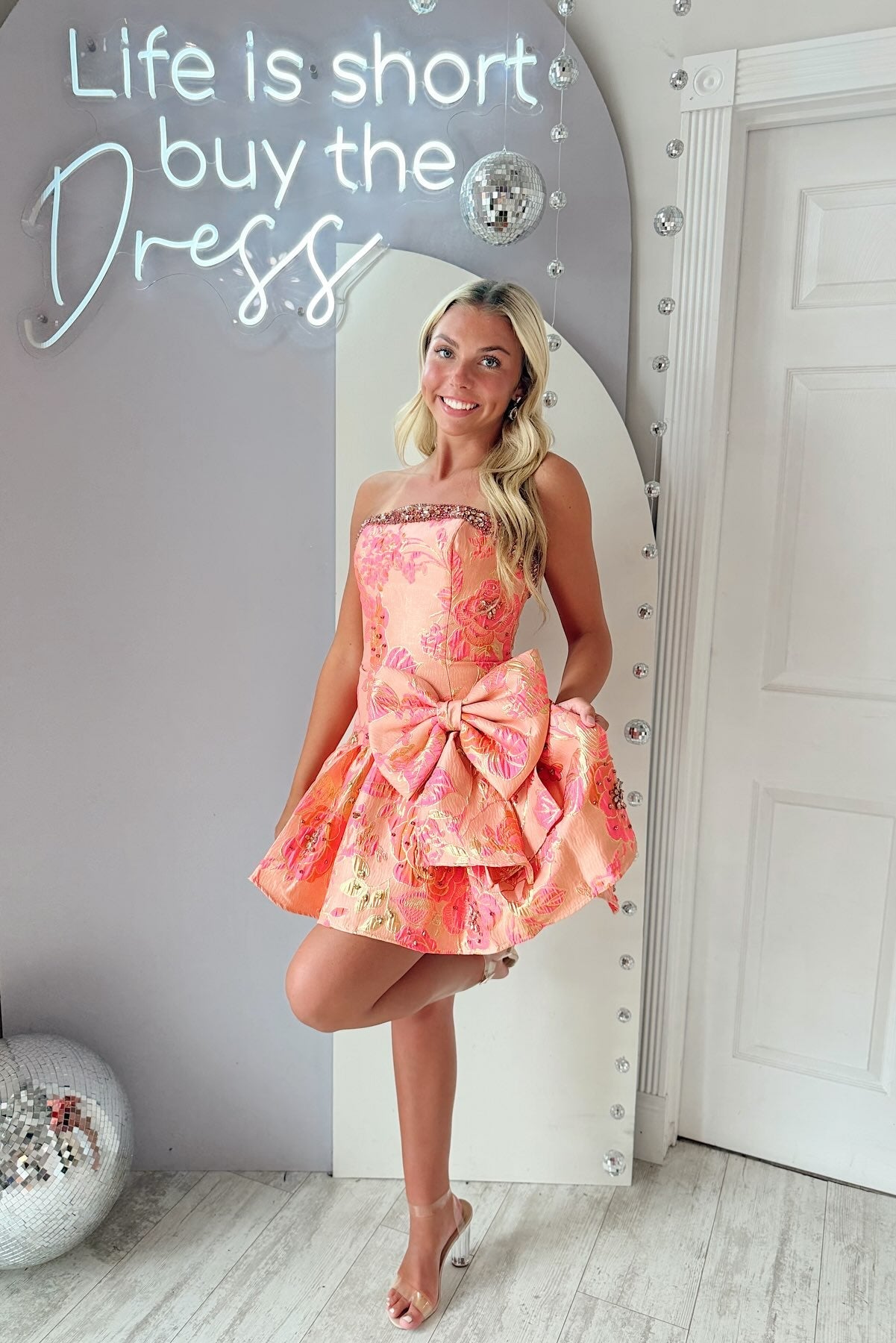 Strapless Rhinestone Trim Floral Jacquard Boned Corset Oversized Bow Bubble A-Line Homecoming Dress Mini