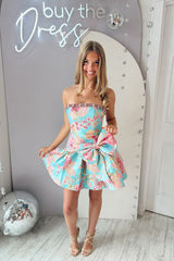 Strapless Rhinestone Trim Floral Jacquard Boned Corset Oversized Bow Bubble A-Line Homecoming Dress Mini