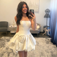 Strapless Rhinestone Trim Lace-Up Boned Corset Jacquard 3D Rose Bubble A-Line Homecoming Dress Mini