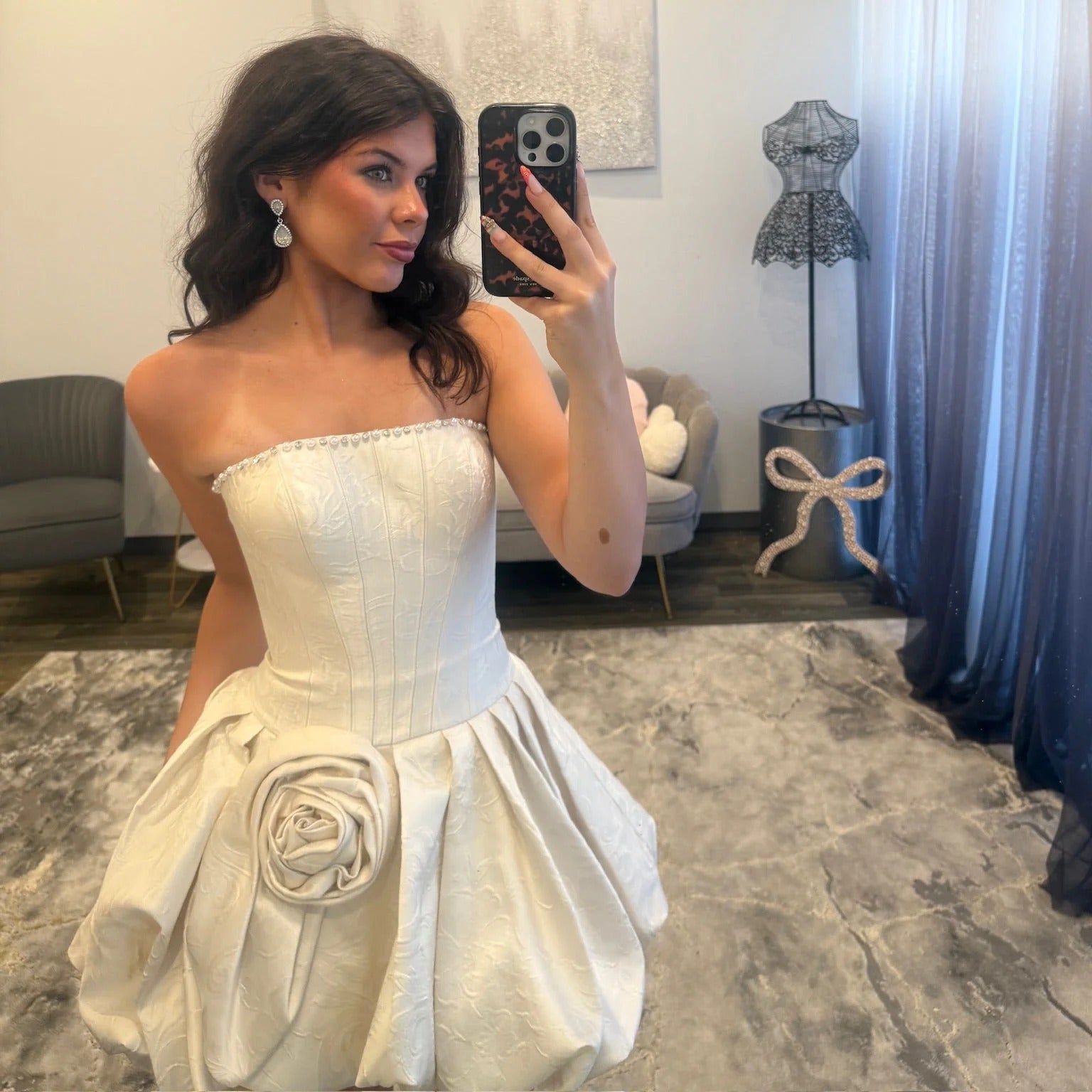 Strapless Rhinestone Trim Lace-Up Boned Corset Jacquard 3D Rose Bubble A-Line Homecoming Dress Mini