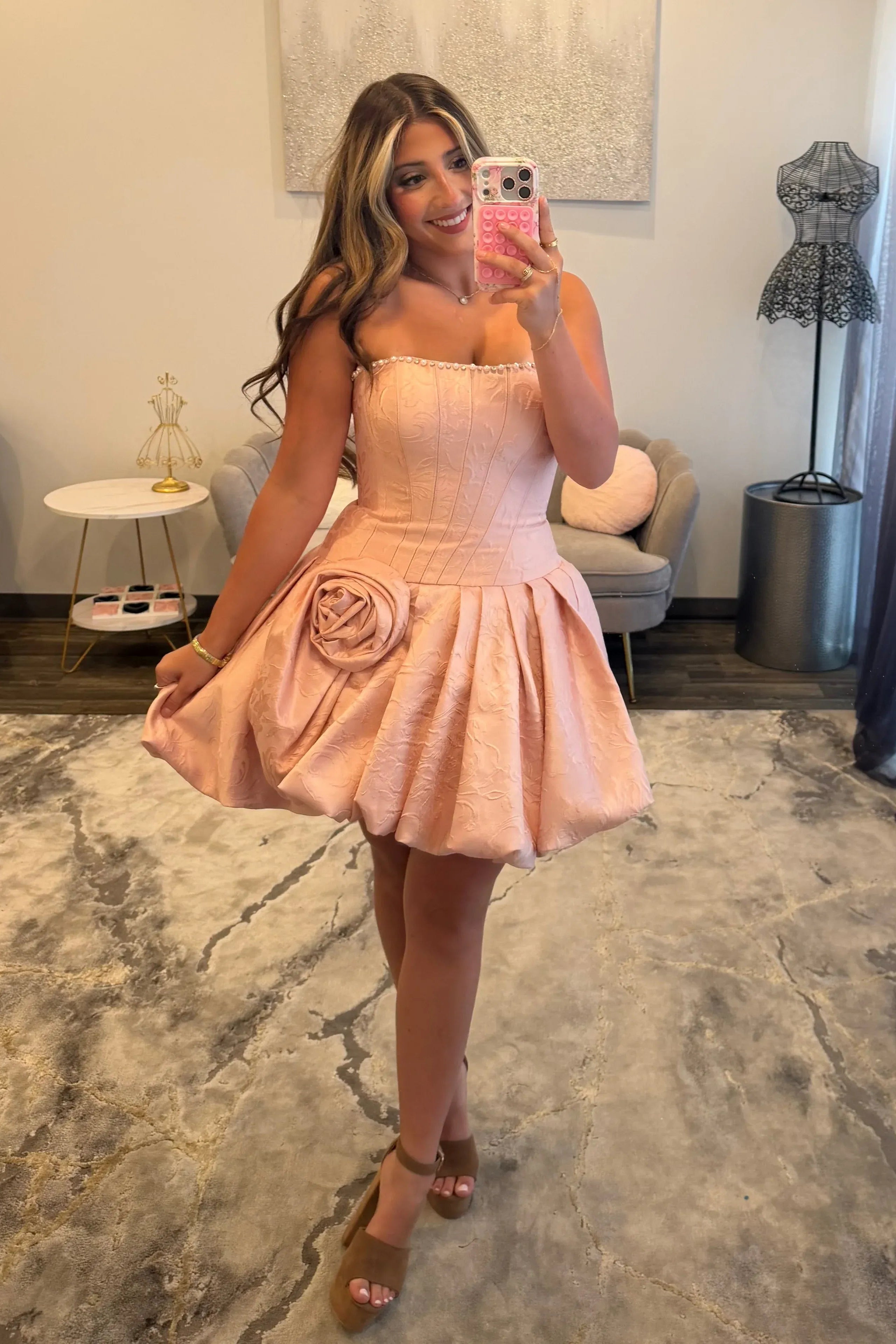 Strapless Rhinestone Trim Lace-Up Boned Corset Jacquard 3D Rose Bubble A-Line Homecoming Dress Mini