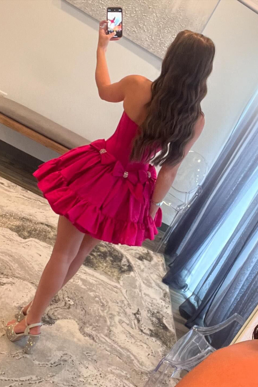 Magenta strapless rhinestone A-line homecoming dress