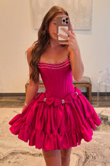 Magenta strapless rhinestone A-line homecoming dress