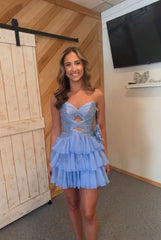 Strapless Rhinestone Twist Cutout Homecoming Dress Sweetheart Tiered Chiffon Mini Lace-Up Back