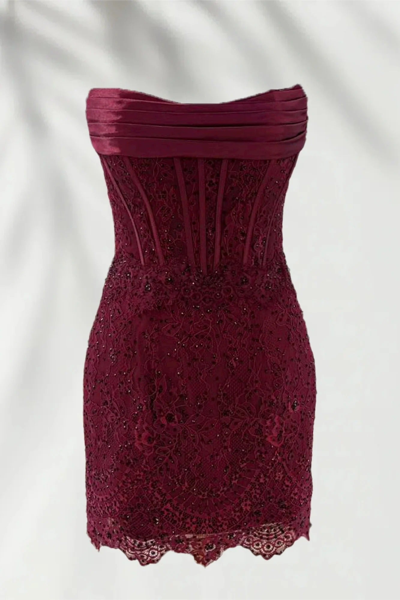 Strapless Ruched Boned Corset Lace Open Back Bodycon Scallop Hem Homecoming Dress Mini