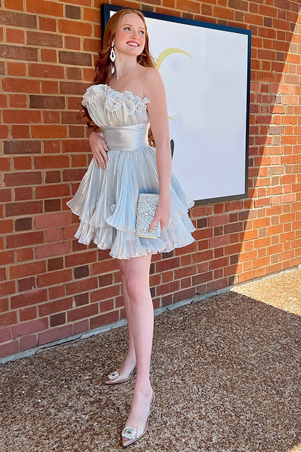 Strapless Ruffle Neckline Glitter Pleated Tulle Wide Waistband Tiered Ruffle Hem Flared A-Line Short Homecoming Dress