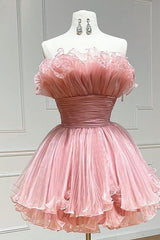 Strapless Ruffle Neckline Glitter Pleated Tulle Wide Waistband Tiered Ruffle Hem Flared A-Line Short Homecoming Dress