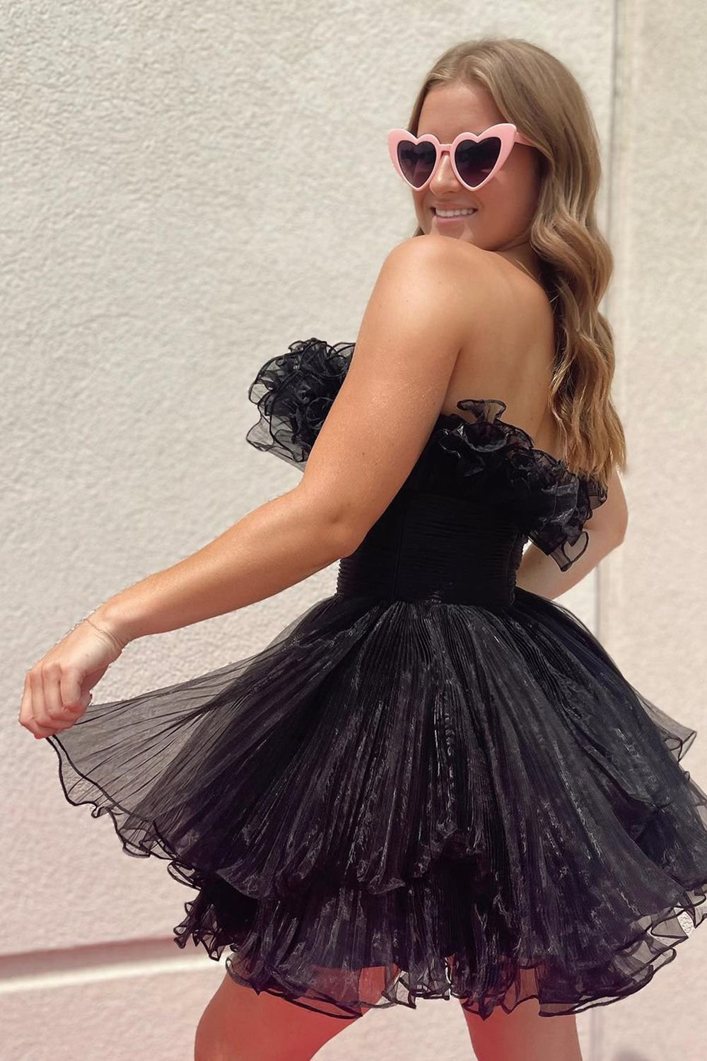 Strapless Ruffle Neckline Glitter Pleated Tulle Wide Waistband Tiered Ruffle Hem Flared A-Line Short Homecoming Dress