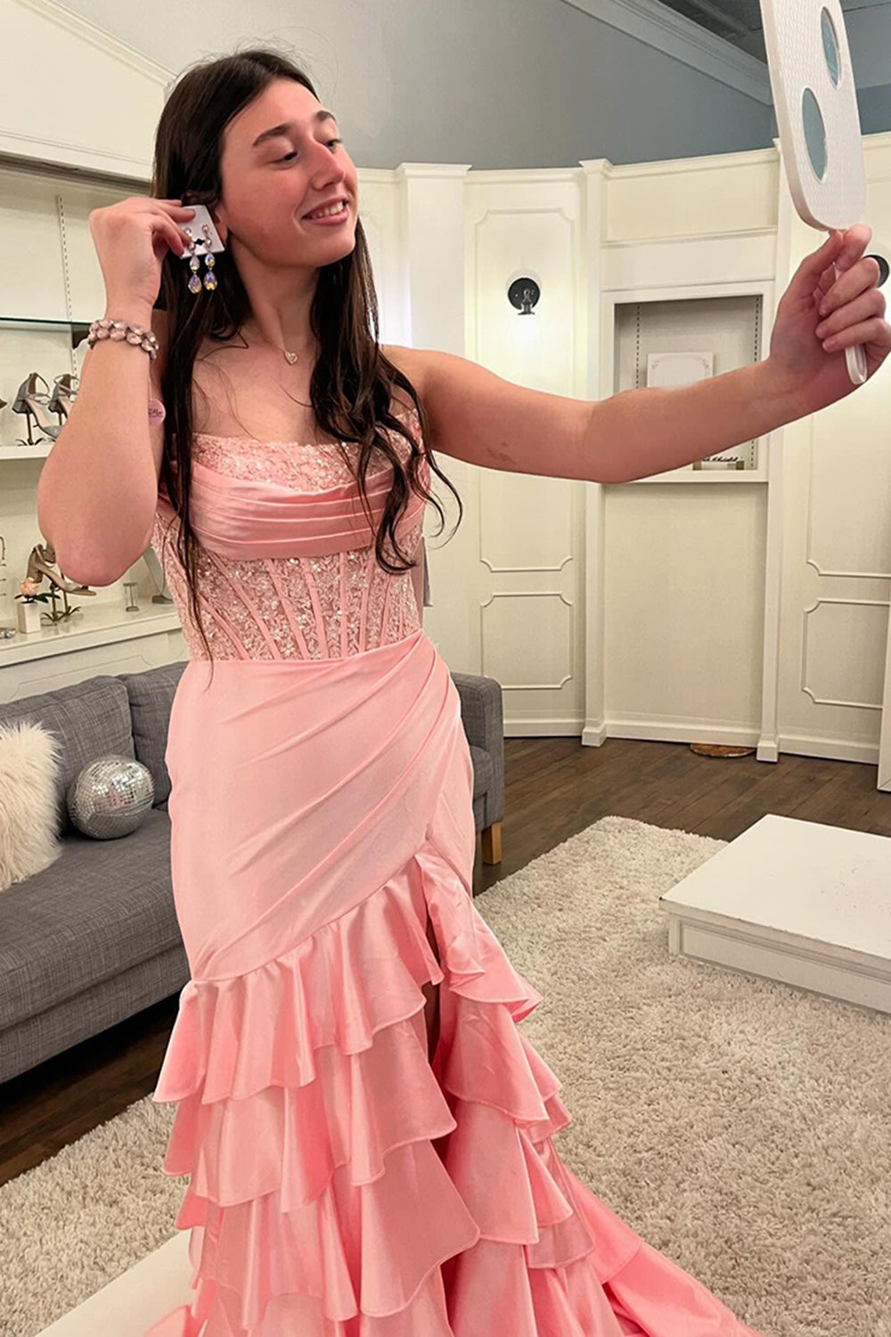 Strapless Satin Mermaid Prom Dress with Glitter Blush Ruffles and Sequins