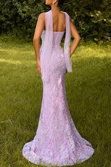 Strapless Scalloped Sweetheart Visible Boning Illusion Corset All-Over Sequin Lace Crystal Embroidery Single Halter Neck Scarf Mermaid Prom Evening Dress Sweep Train
