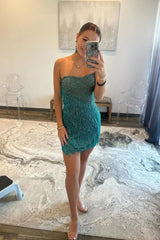 Strapless Sequin Beaded Fringe Bodycon Homecoming Mini Dress