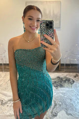 Strapless Sequin Beaded Fringe Bodycon Homecoming Mini Dress