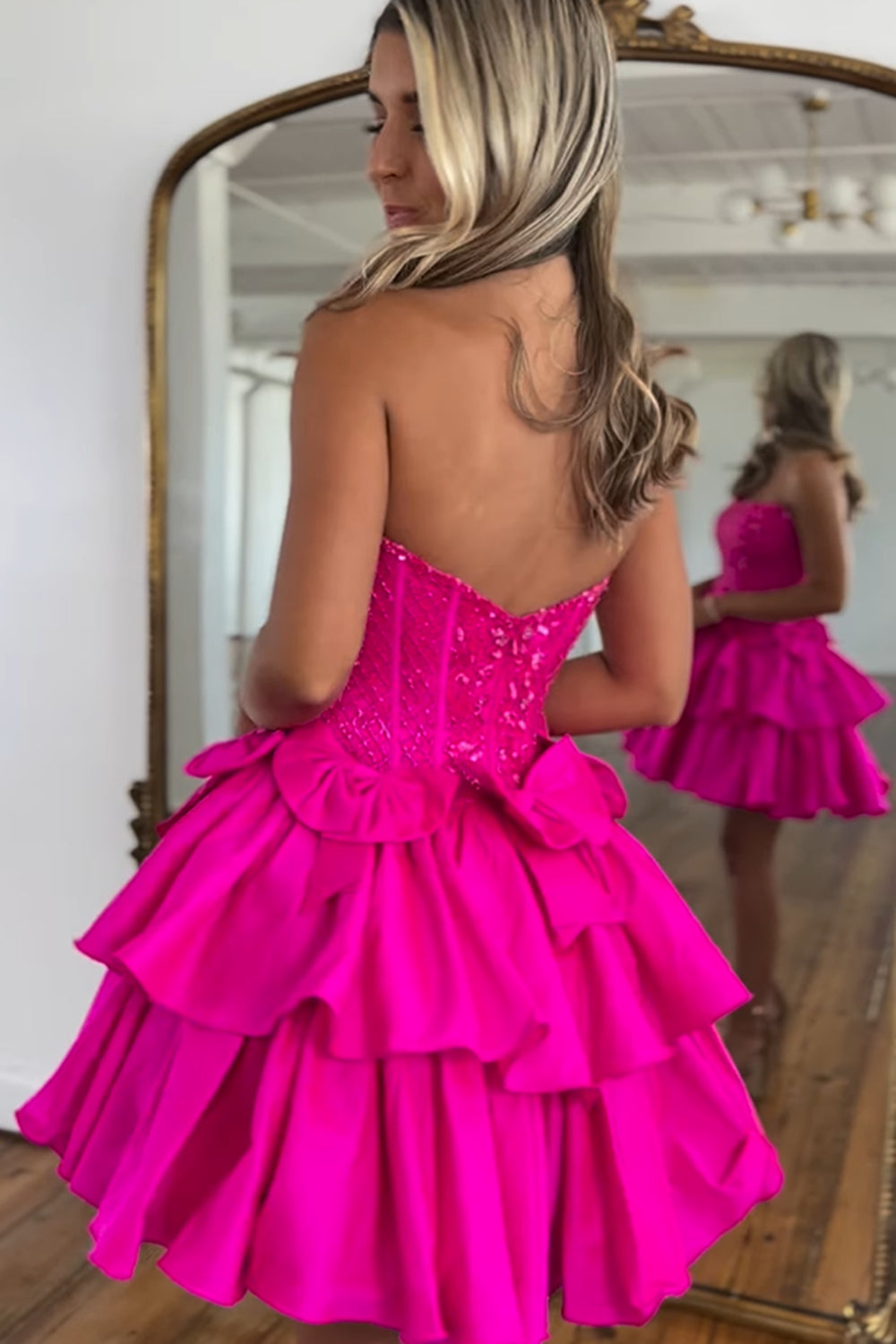 Hot pink strapless sequin A-line homecoming dress