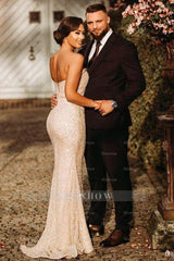 Champagne strapless sequin column prom dress