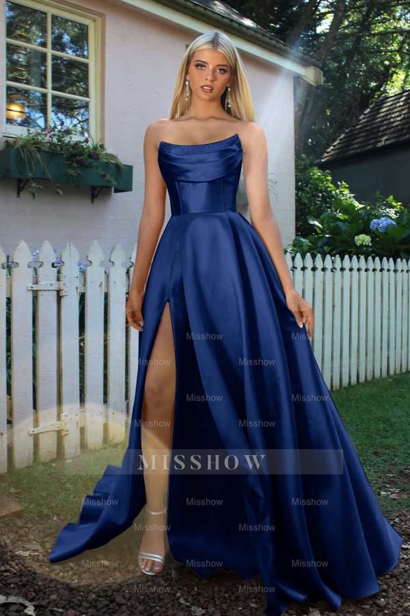 Strapless Sleeveless A Line Long Formal Dress With Split Pleated