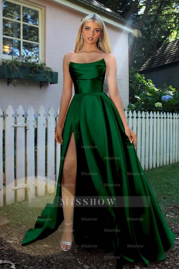 Strapless Sleeveless A Line Long Formal Dress With Split Pleated