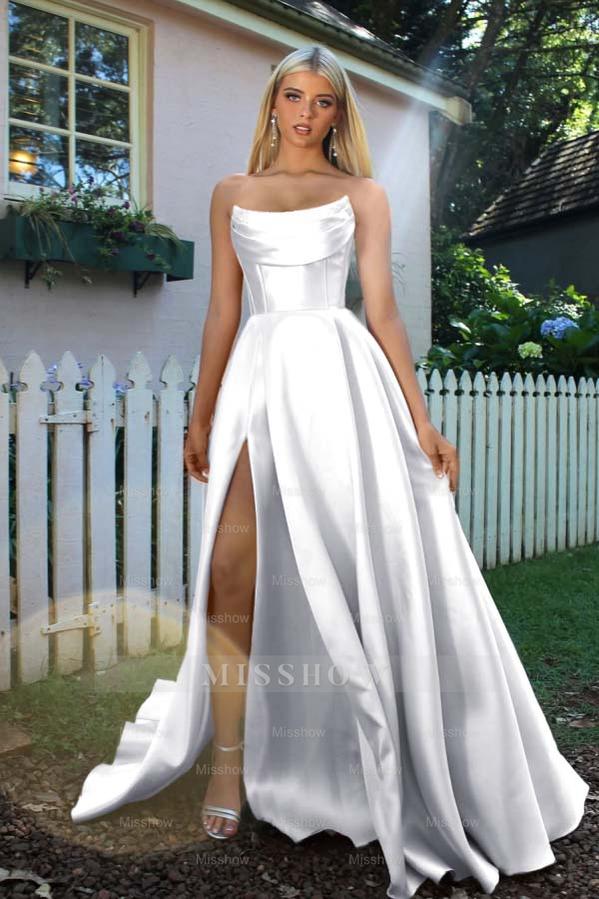 Strapless Sleeveless A Line Long Formal Dress With Split Pleated