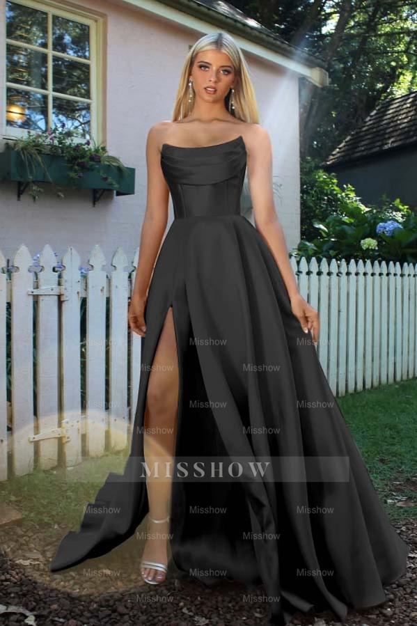 Strapless Sleeveless A Line Long Formal Dress With Split Pleated