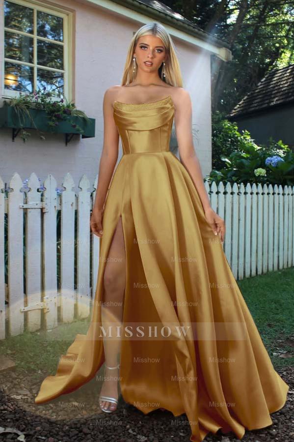 Strapless Sleeveless A Line Long Formal Dress With Split Pleated