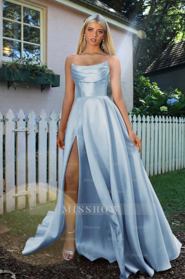 Strapless Sleeveless A Line Long Formal Dress With Split Pleated