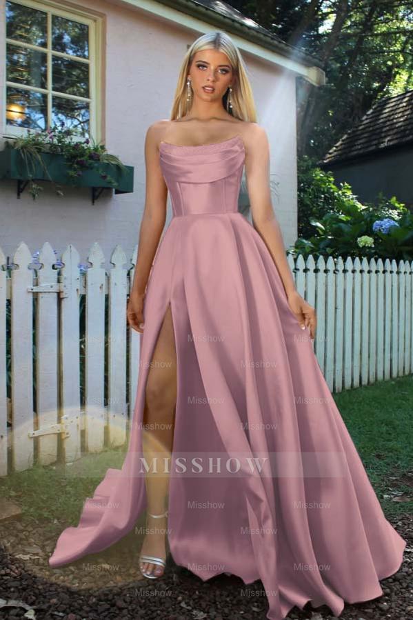 Strapless Sleeveless A Line Long Formal Dress With Split Pleated