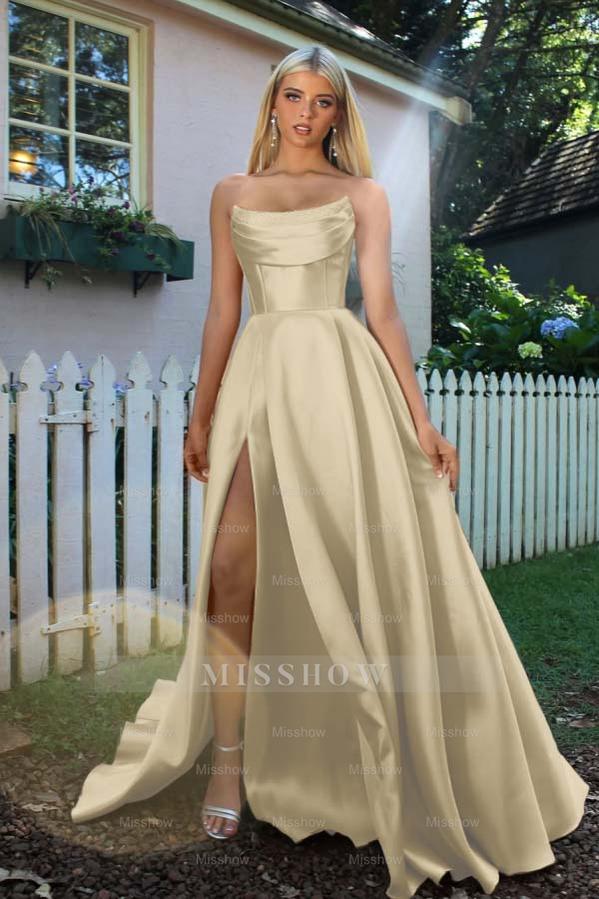 Strapless Sleeveless A Line Long Formal Dress With Split Pleated