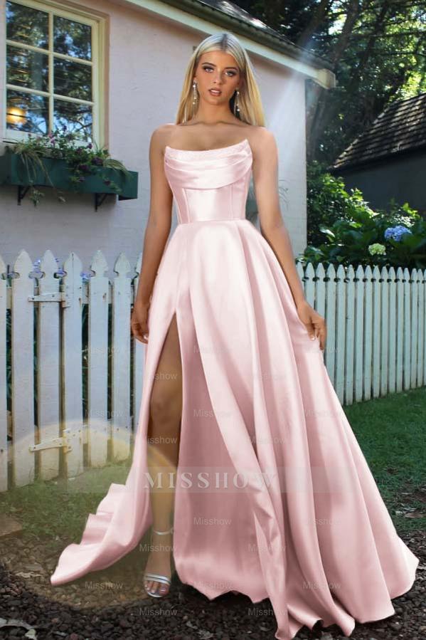 Strapless Sleeveless A Line Long Formal Dress With Split Pleated