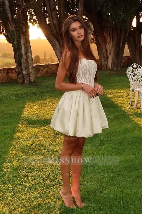 Strapless Sleeveless A Line Short Formal Dress With Pleated Lace