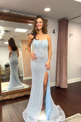 Strapless Sleeveless Beading Corset Mermaid Prom Dress Side Slit Floor Length