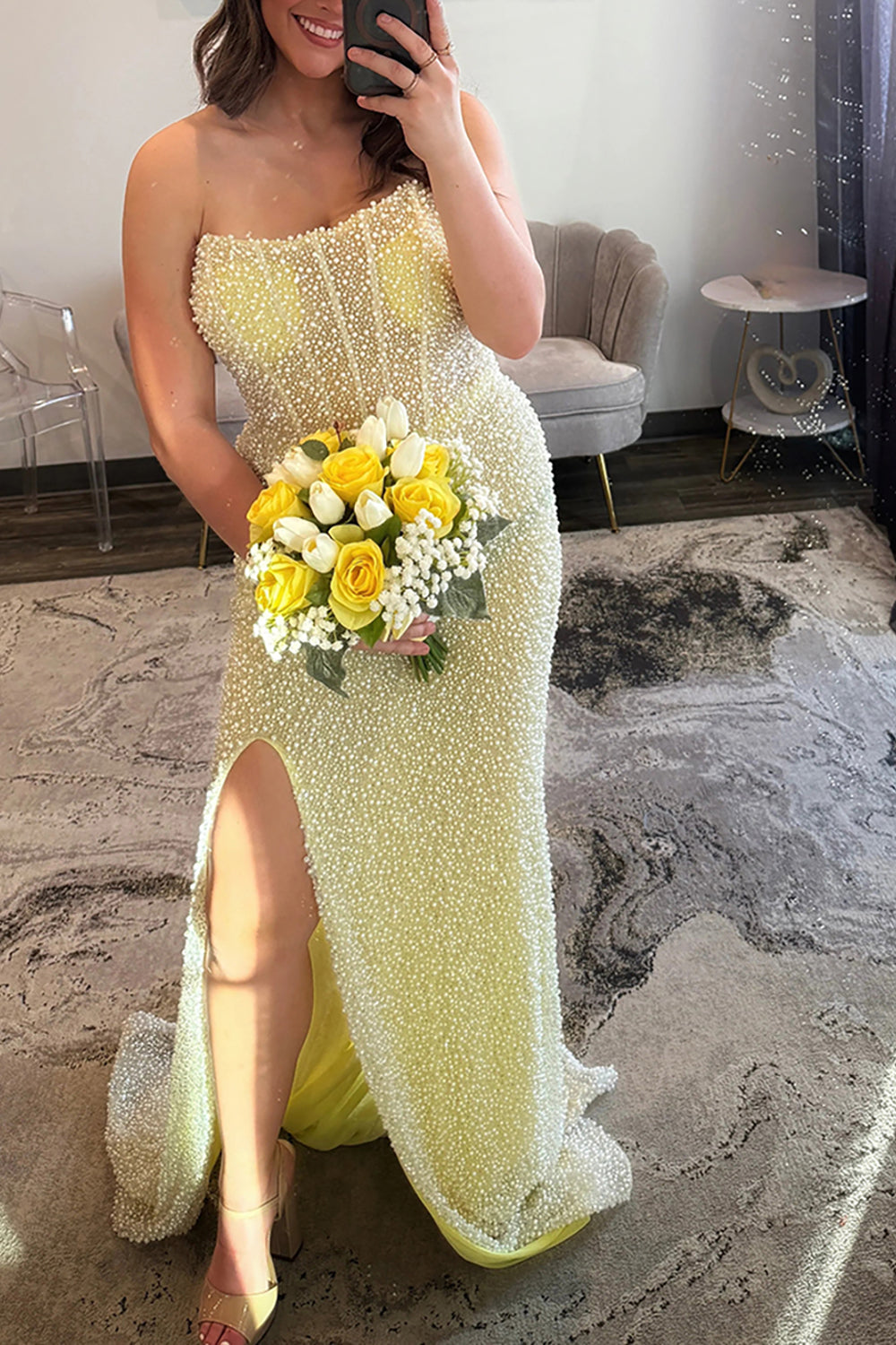 Strapless Sleeveless Beading Corset Mermaid Prom Dress Side Slit Floor Length