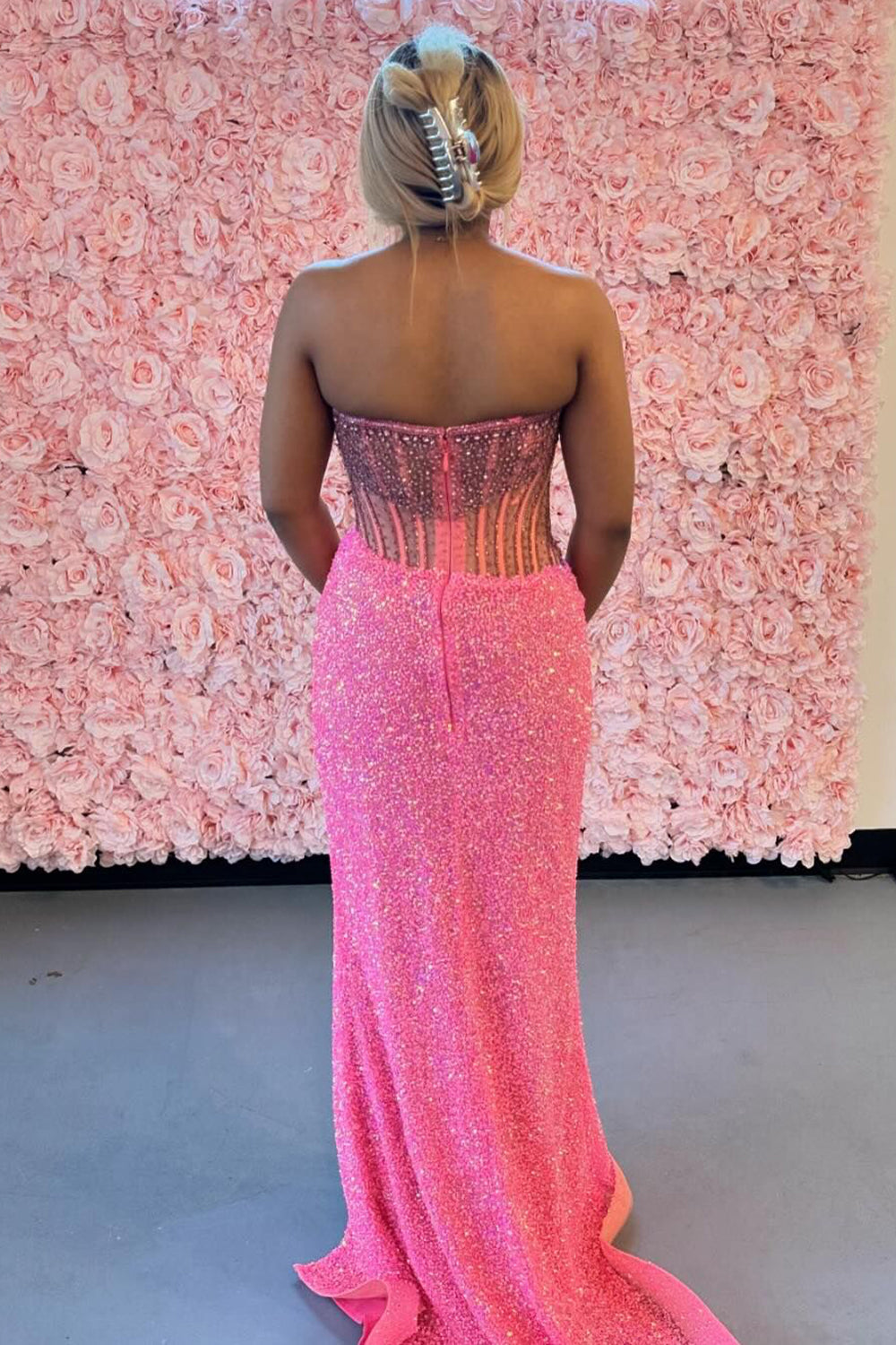 Strapless Sleeveless Beading Sequin Bodycon Mermaid Prom Dress Side Slit Floor Length