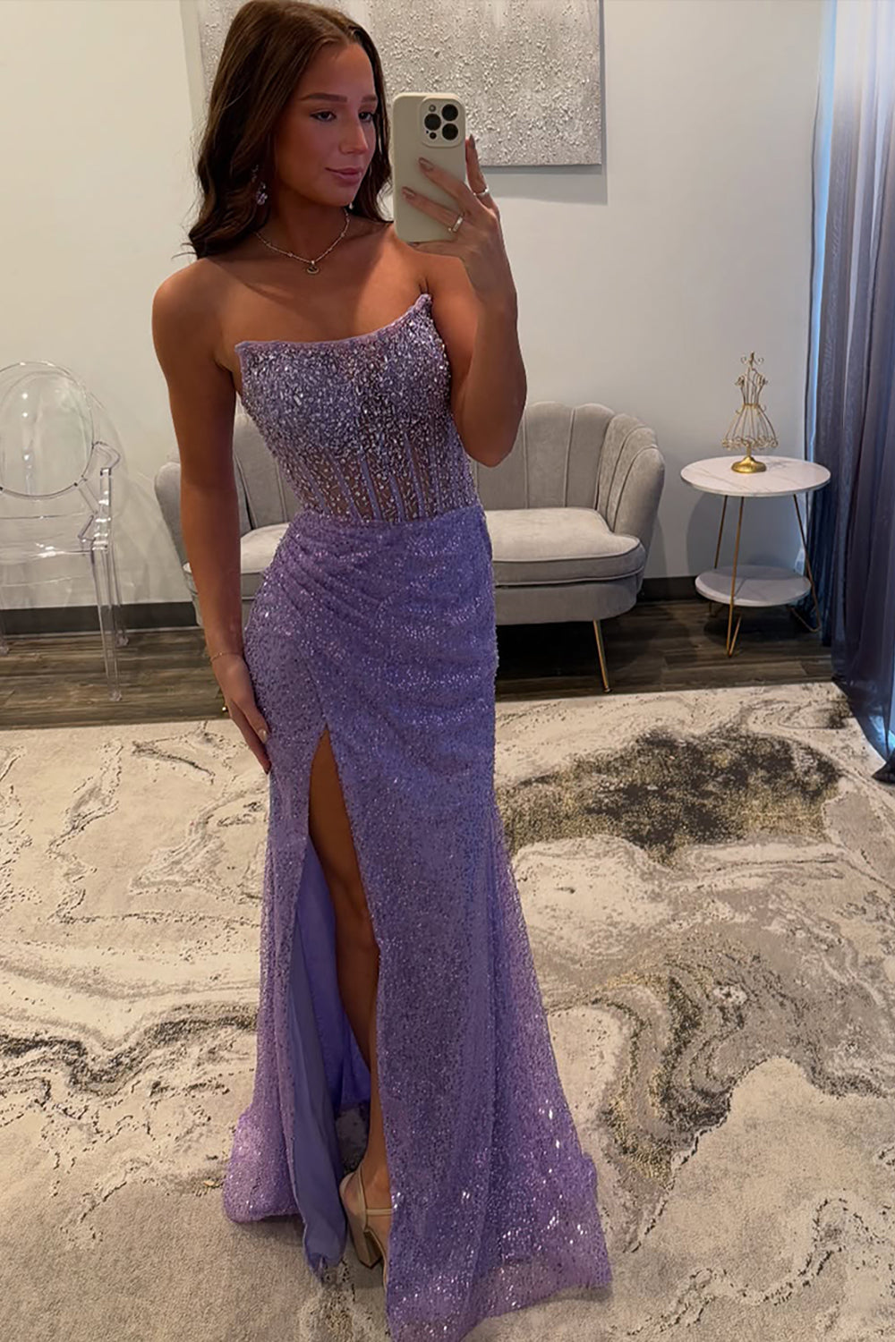 Strapless Sleeveless Beading Sequin Bodycon Mermaid Prom Dress Side Slit Floor Length