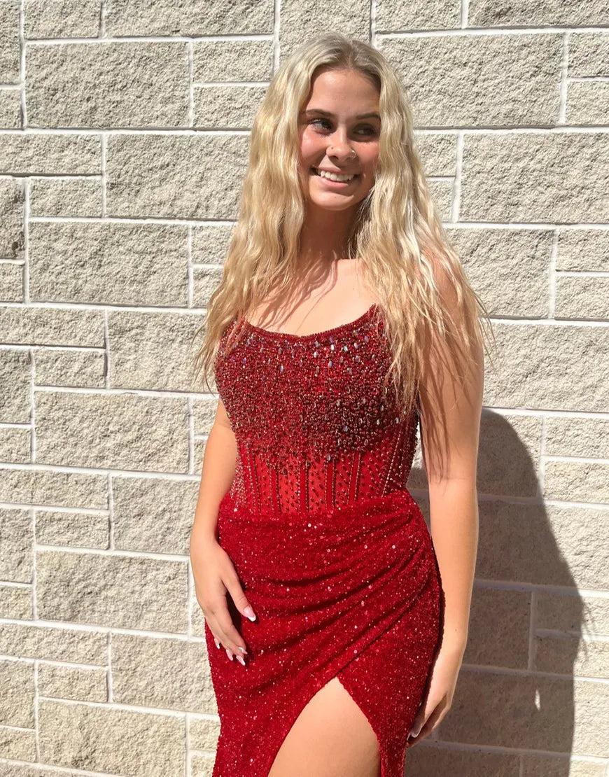 Strapless Sleeveless Beading Sequin Bodycon Mermaid Prom Dress Side Slit Floor Length