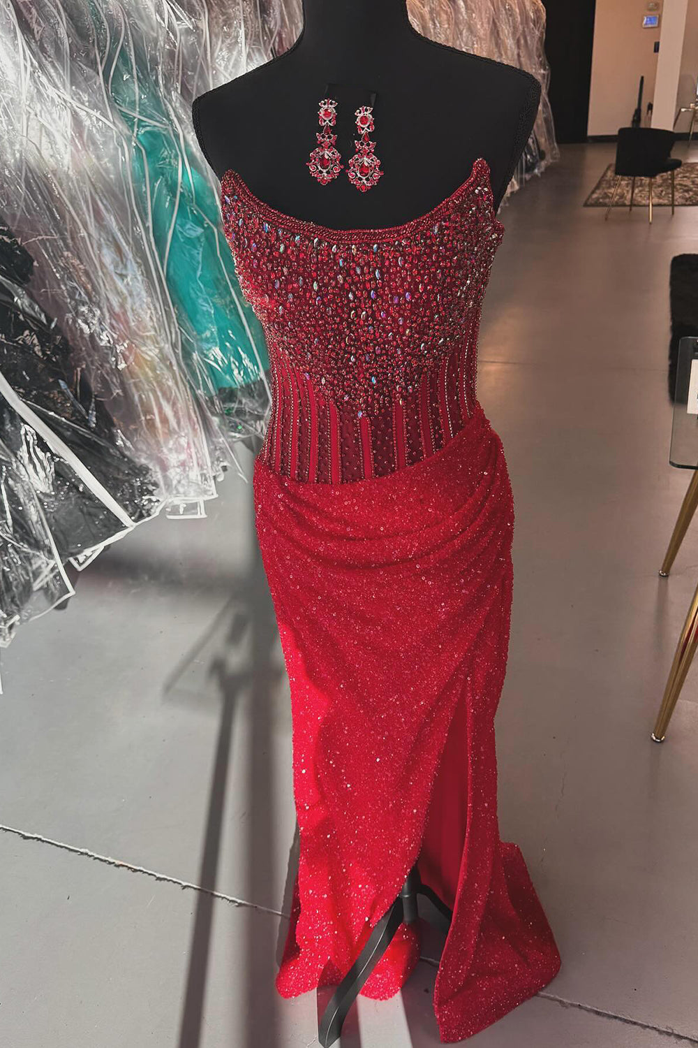 Strapless Sleeveless Beading Sequin Bodycon Mermaid Prom Dress Side Slit Floor Length