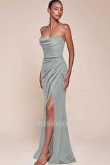 Strapless Sleeveless High Split Long Formal Dress With Pleated