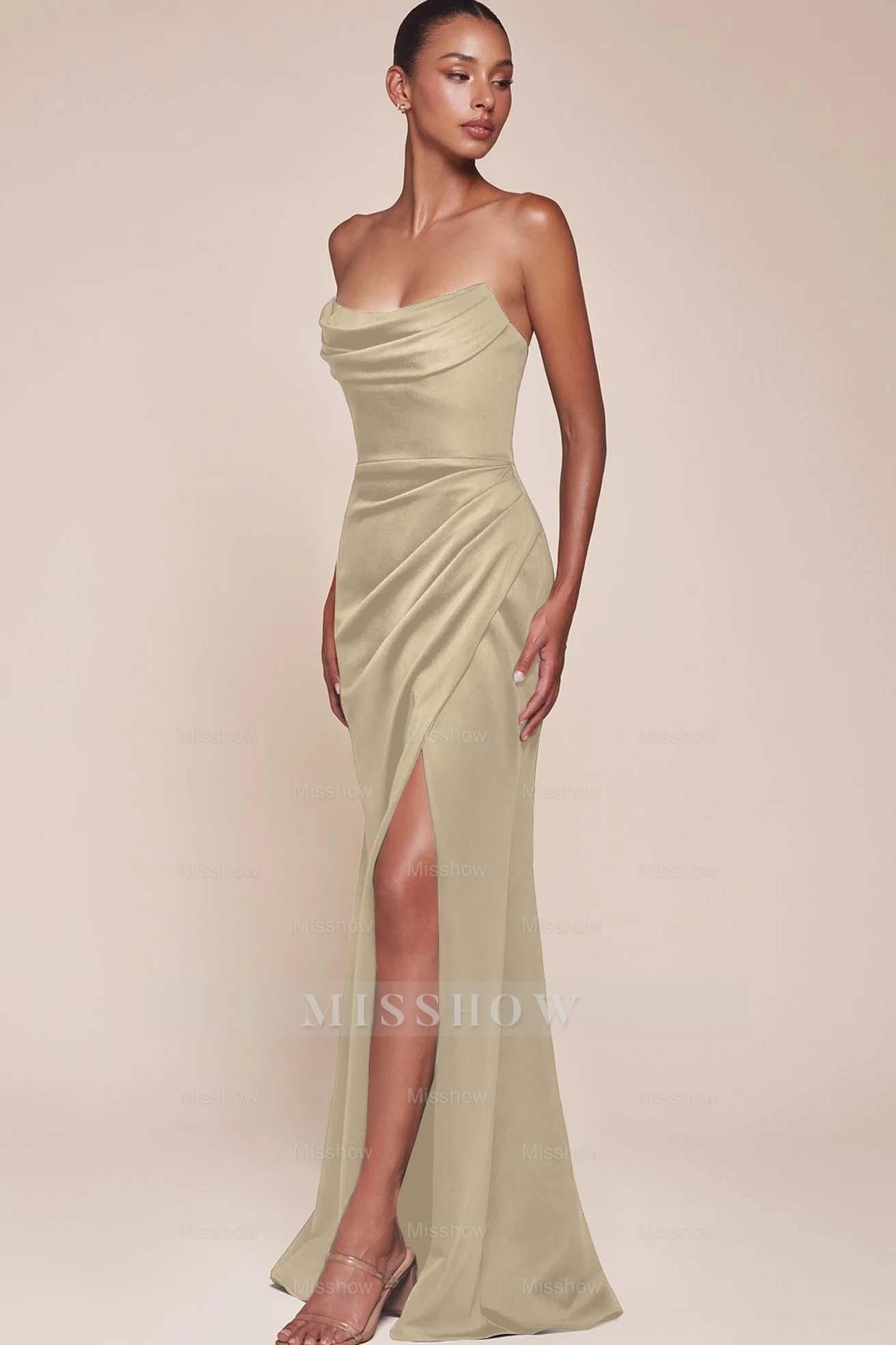 Strapless Sleeveless High Split Long Formal Dress With Pleated